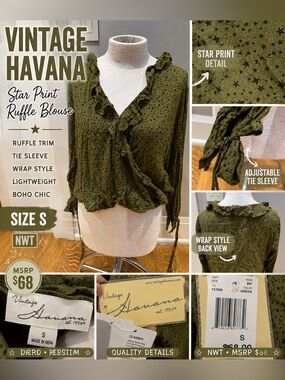 Vintage Havana Olive Green Star Print Ruffle Wrap Top Boho Tie Sleeve Blouse NWT